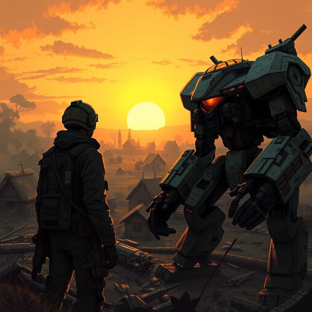 " A lone, battle-scarred mech pilot defends a peaceful villa...