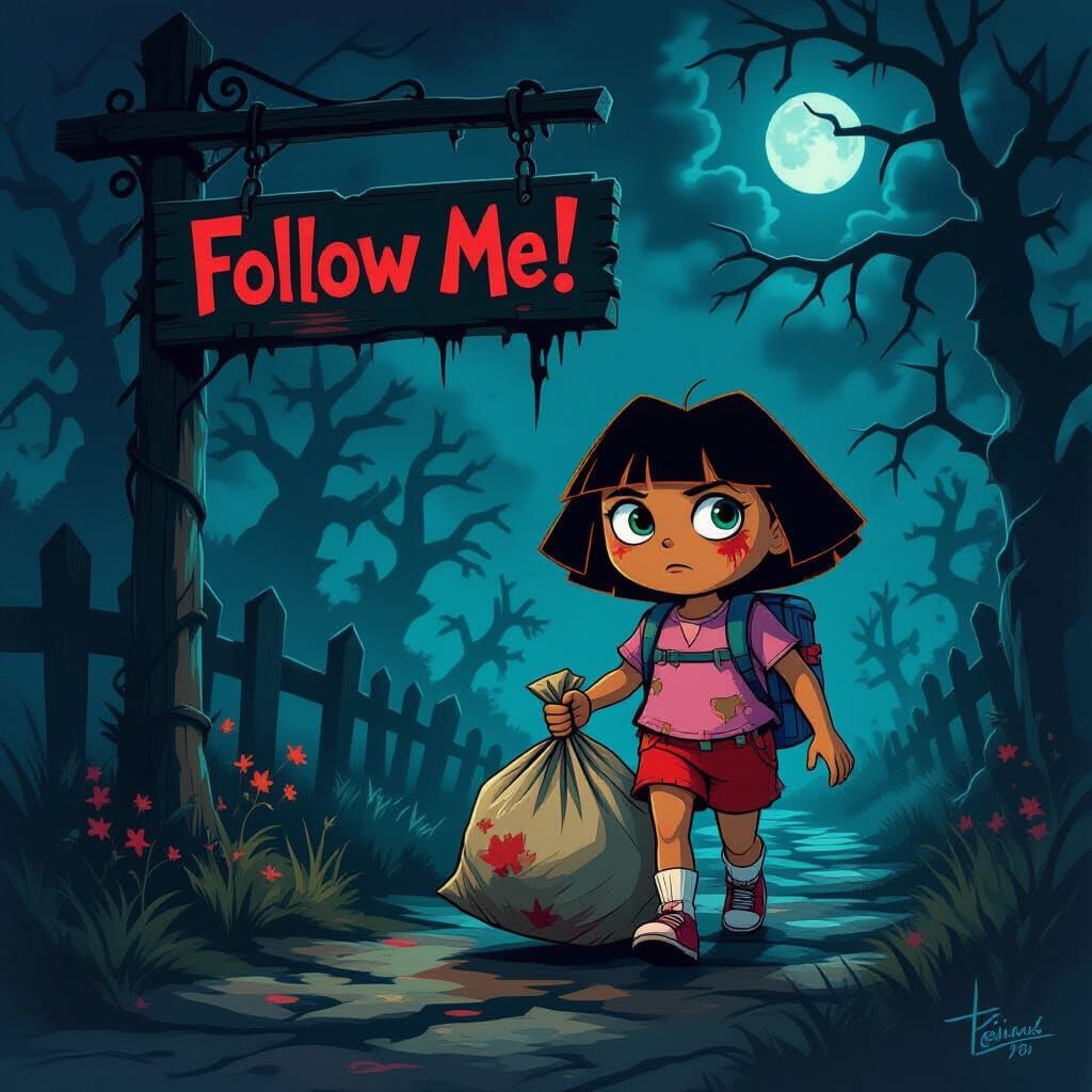 Corrupted Dora the Explorer Hauls Trash Bag on Twisted Path