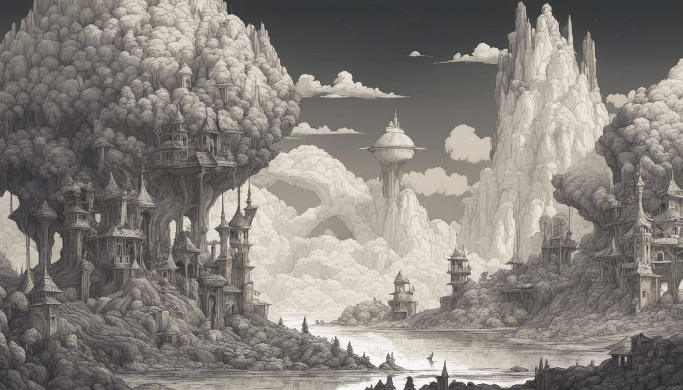 Detailed Fantasy Landscape Ink Illustration
