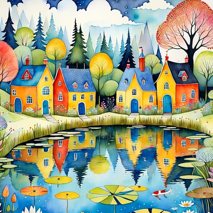 Whimsical Village on a Serene Pond