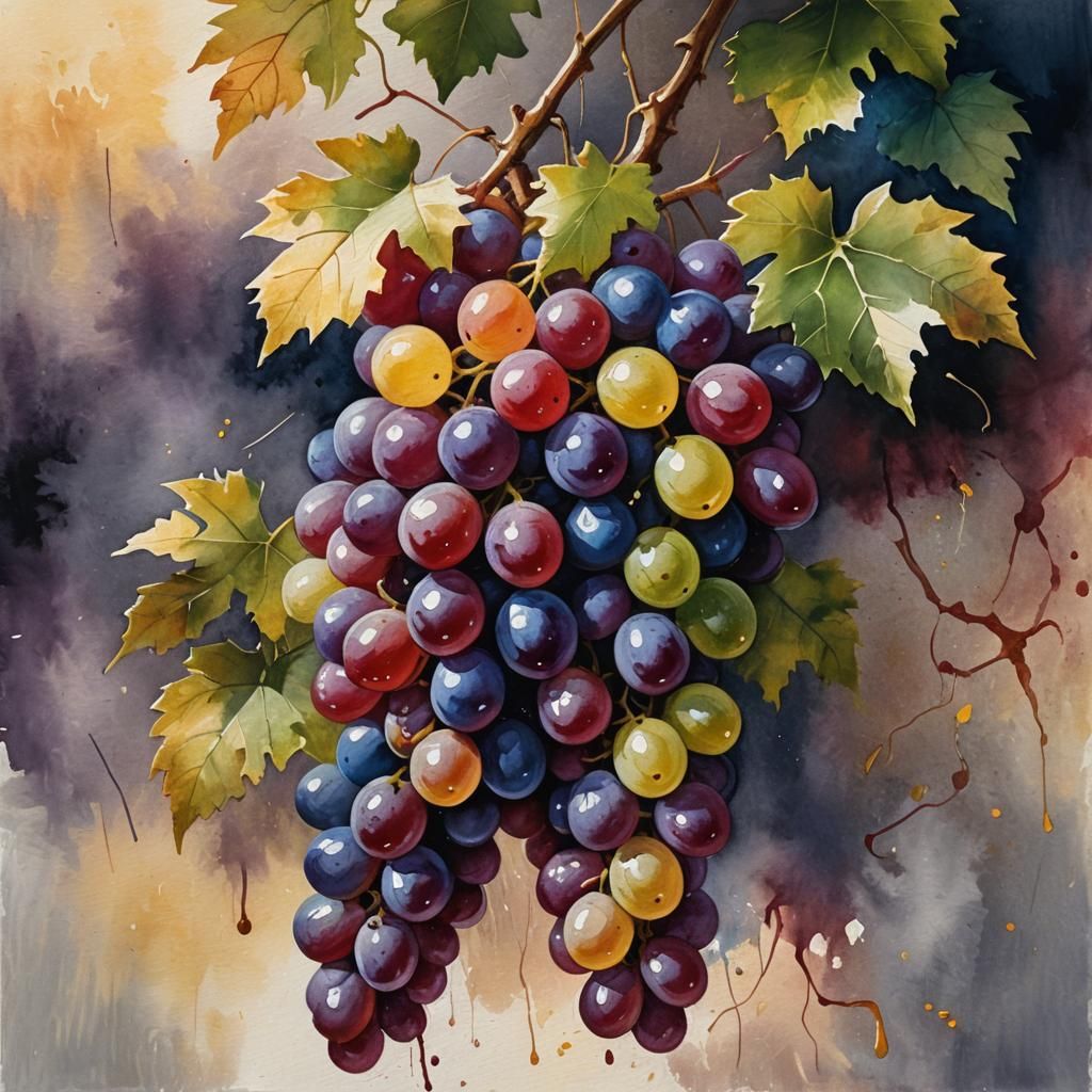 Grapes Wine Bottle as Impressionist Gouache Painting