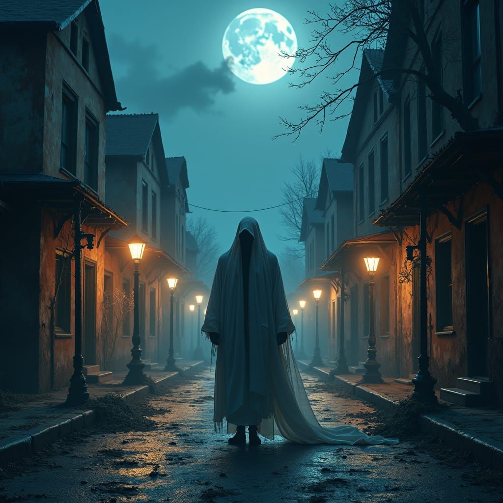 Ethereal Ghost Haunts Abandoned Town at Midnight