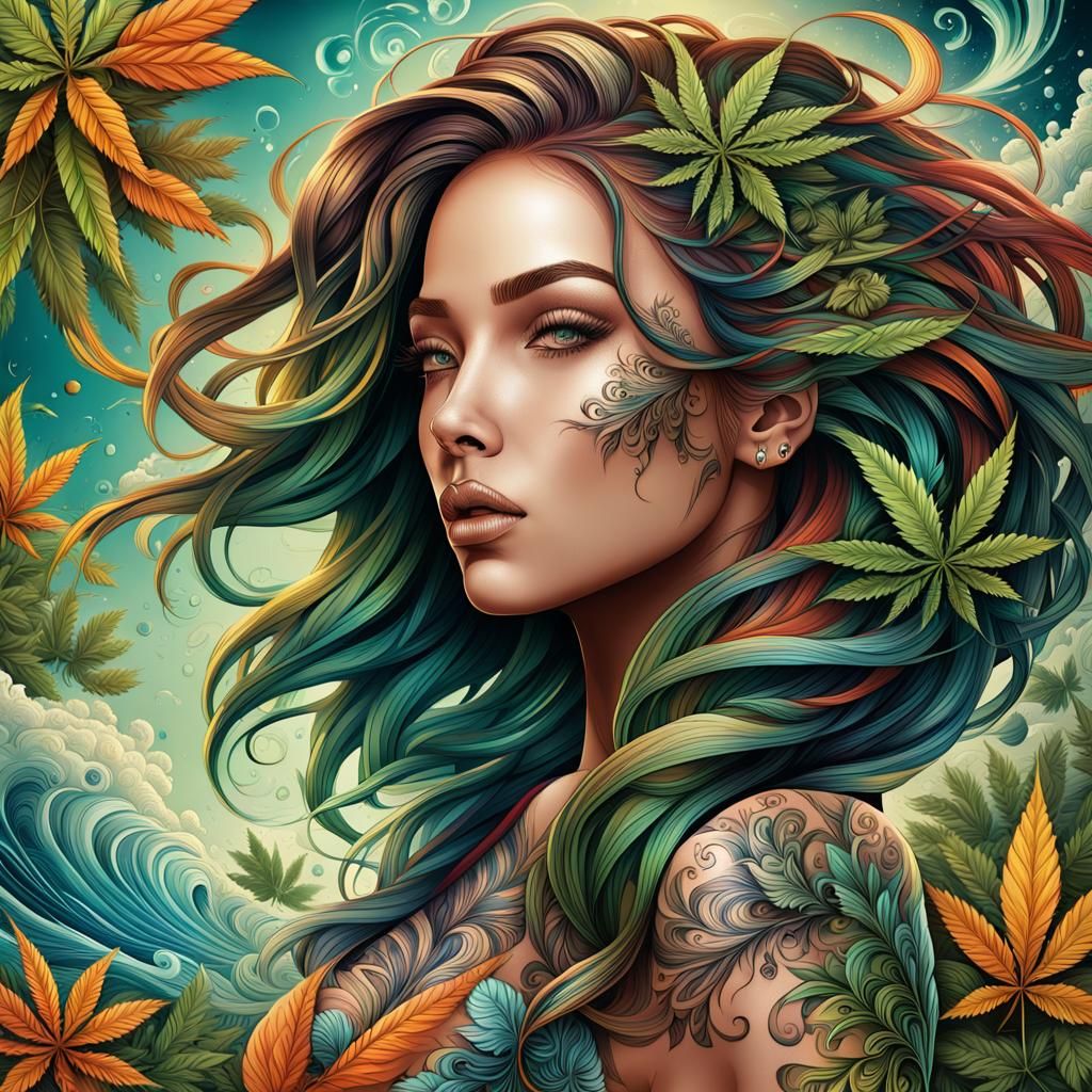 Beautiful women, hair was blowing with the wind, tattoo on h...