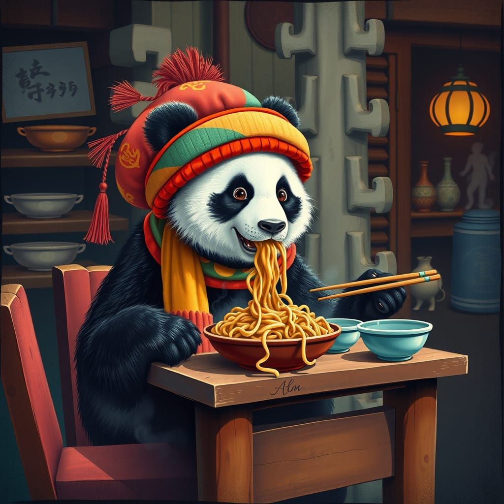 Whimsical Panda in a Vibrant, Oversized Hat, Surrounded by S...
