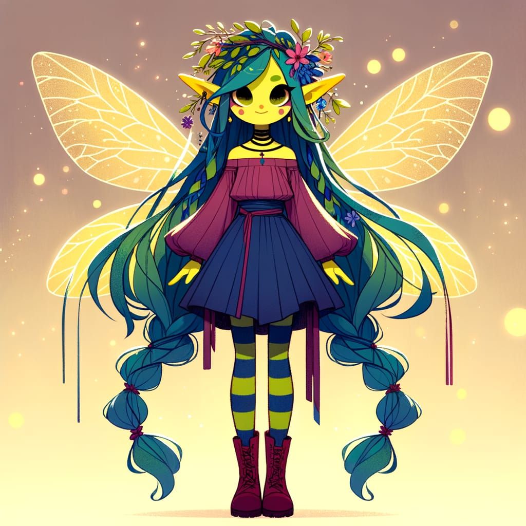 Vibrant Cartoon Girl with Yellow Skin and Blue Braids