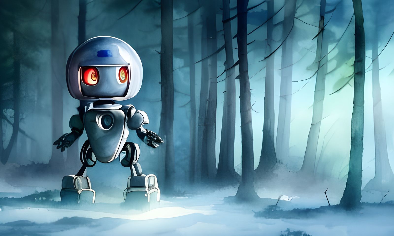 Lonely Robot in Wasteland Forest: Hyperrealistic Anime Style