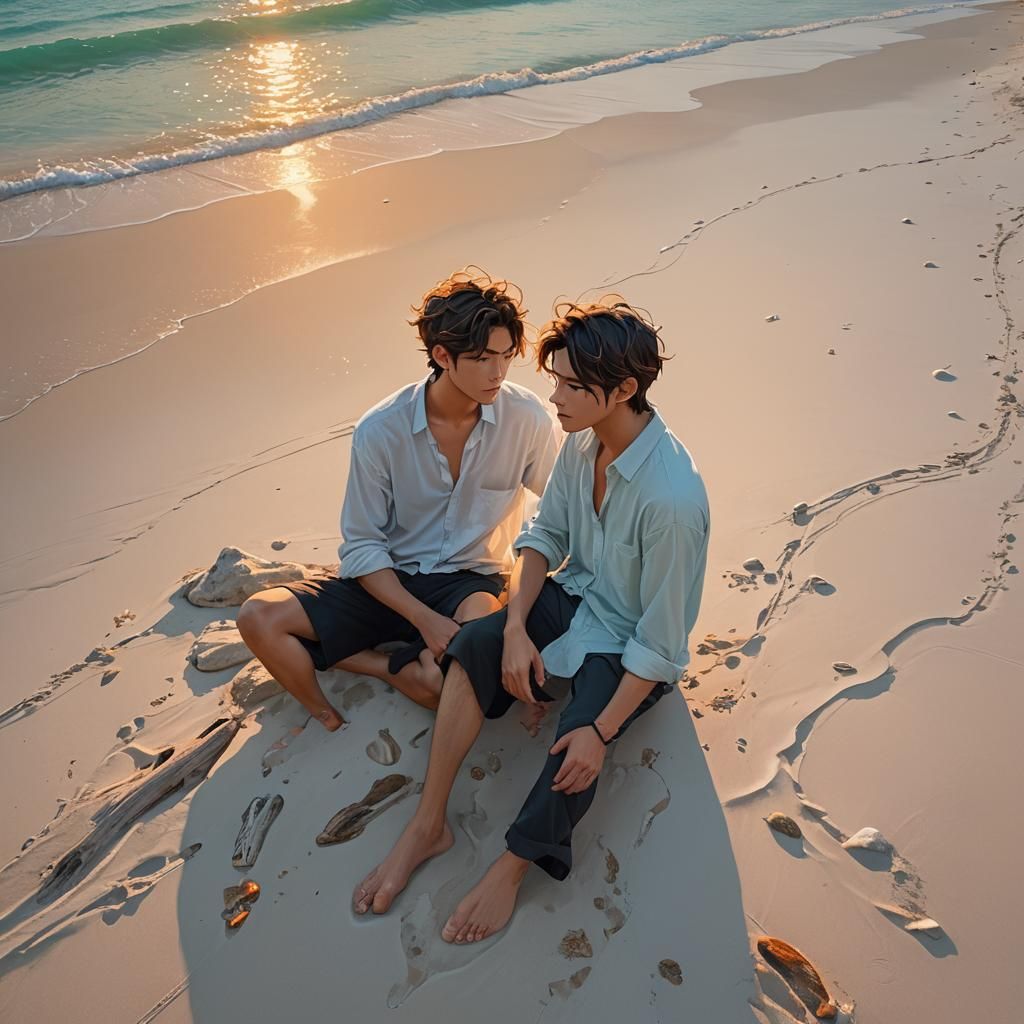 Serene Young Man on Beach at Sunset, in 3D Anime Style