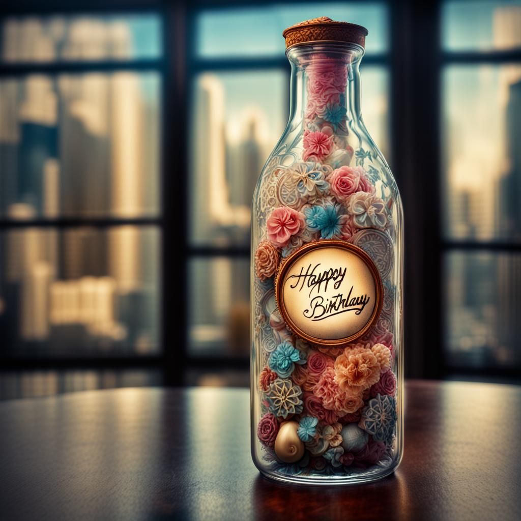 Happy Birthday Banner Inside a Glass Bottle
