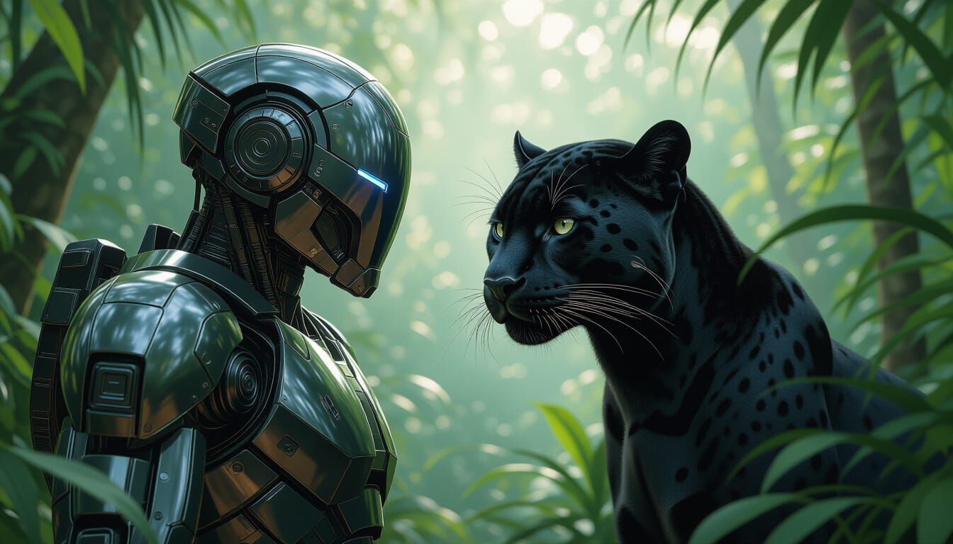 Robot vs Black Panther in Jungle, Photorealistic Style