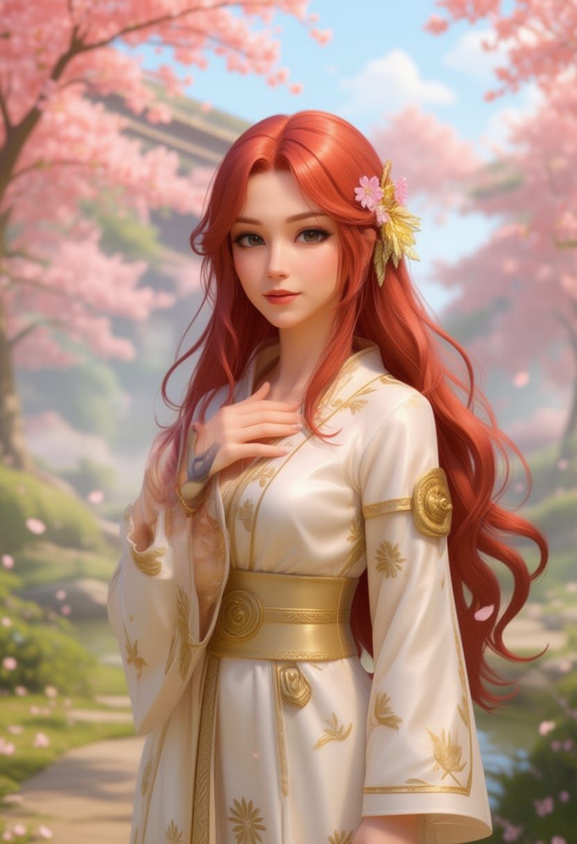 Crimson Haired Woman in Blossoming Japanese Garden