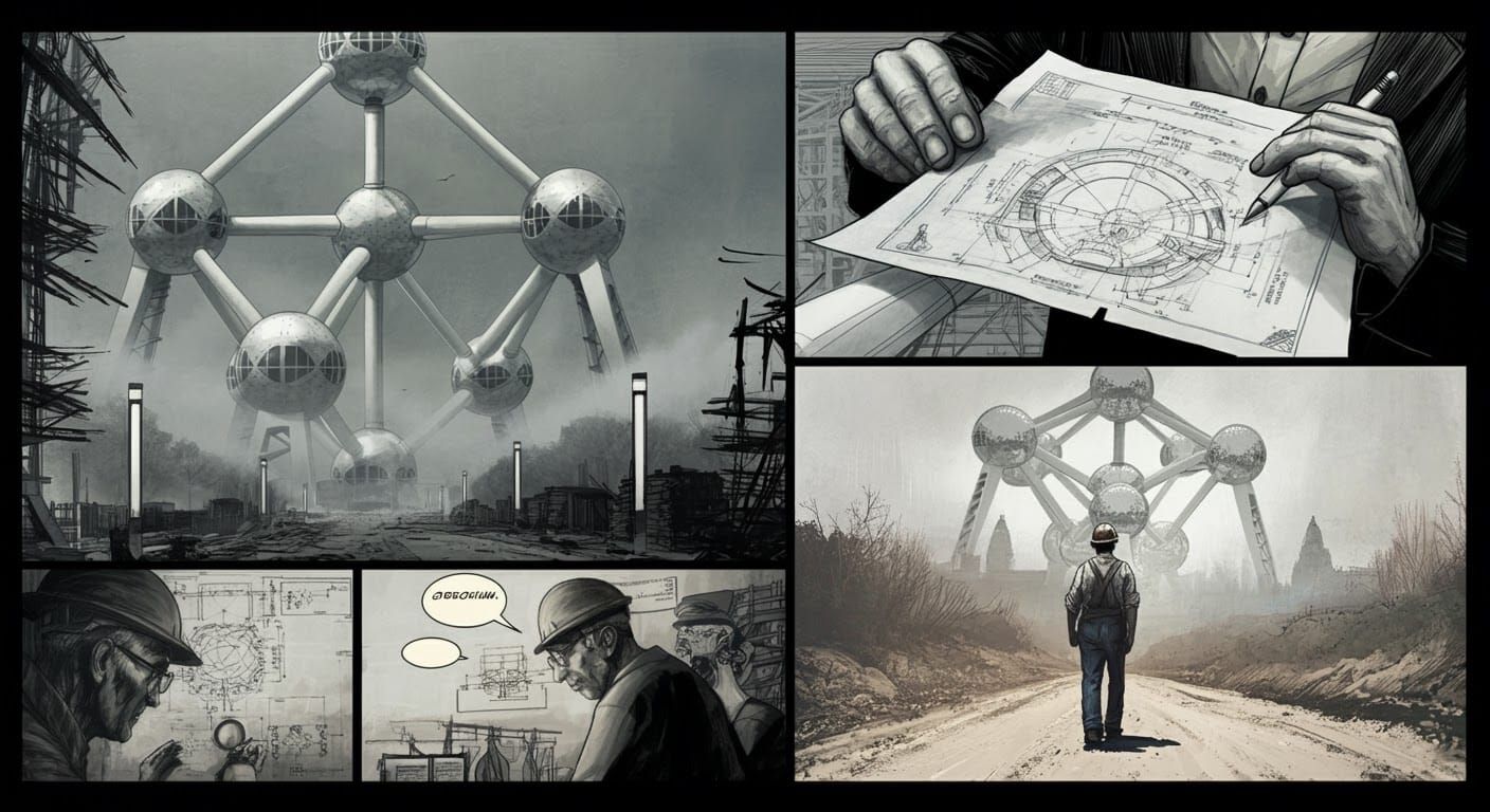 Atomium Construction in Hugo Pratt Comic Book Style