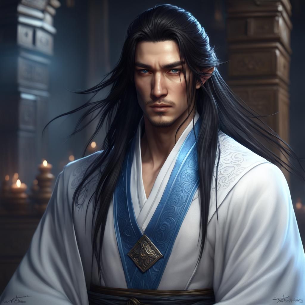 Handsome Xianxia Male in White and Blue Robes