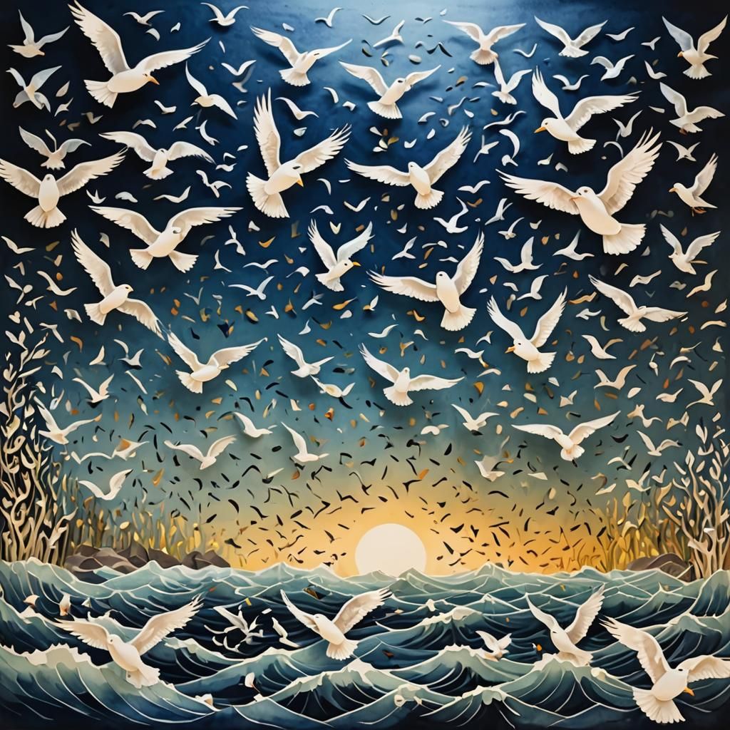 Seagulls Feast: A 2.5D Watercolor and Oil Fusion