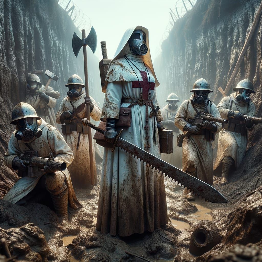 Grimdark Crusaders in Muddy Trenches with Medic Nun