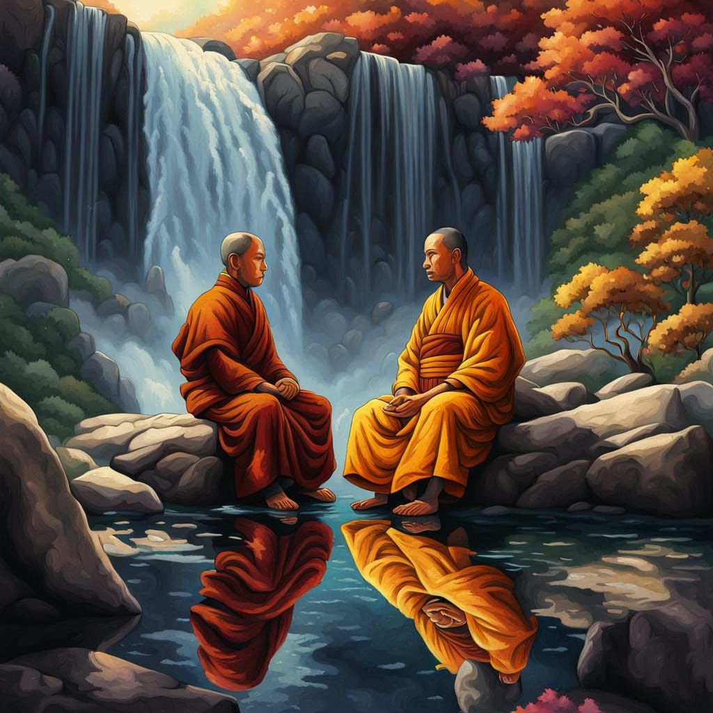 Tibetan Monks Meditating by Waterfall - Hyperrealistic Splas...