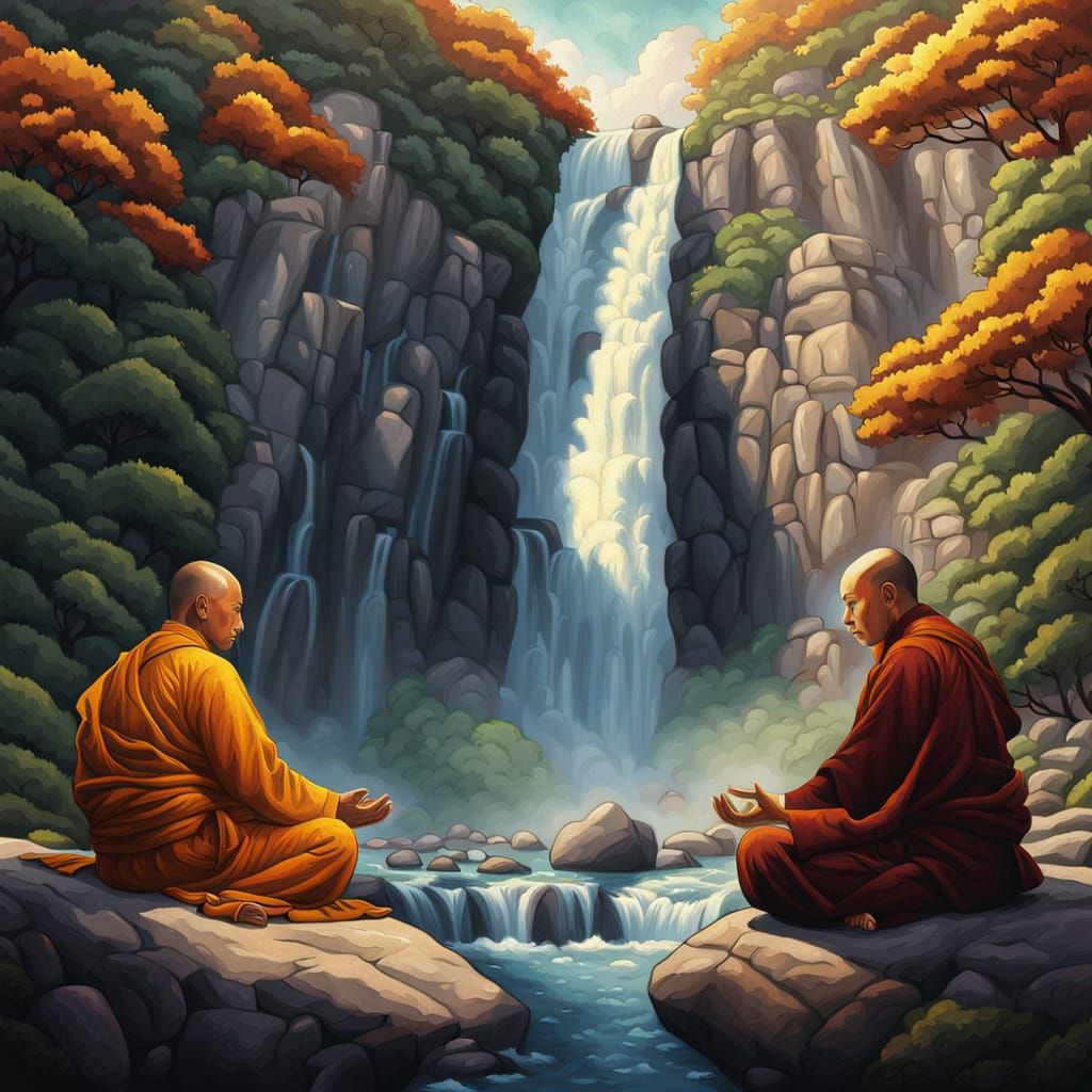 Tibetan Monks Meditating By Waterfall in Hyperrealistic Styl...