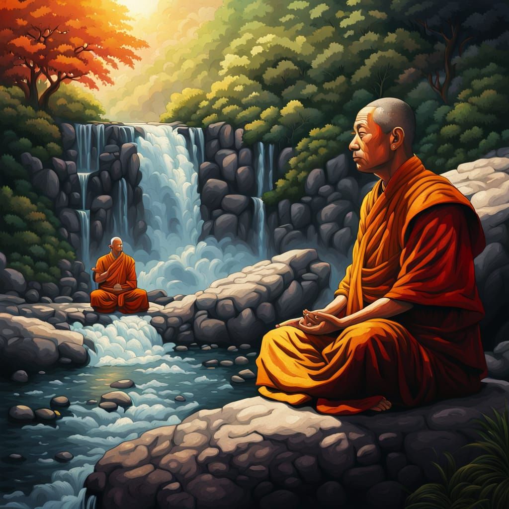Tibetan Monks Meditating By Waterfall in Hyperrealistic Spla...