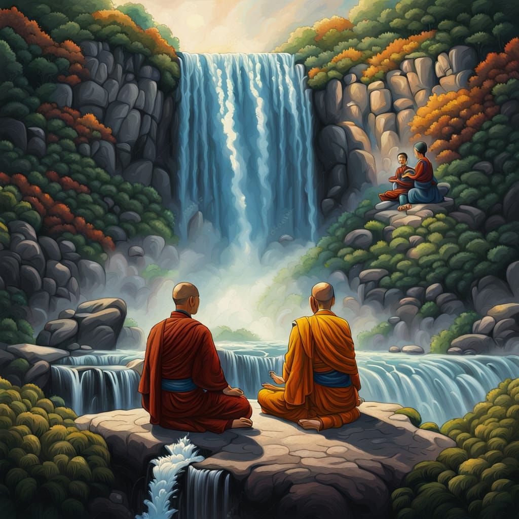 Tibetan Monks Meditate By Waterfall in Hyperrealistic Splash...