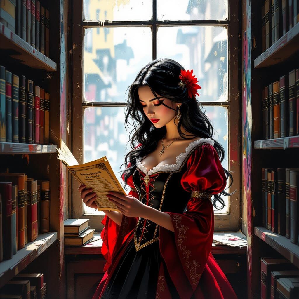 Elegant Woman in Red and Gold in Antique Bookstore