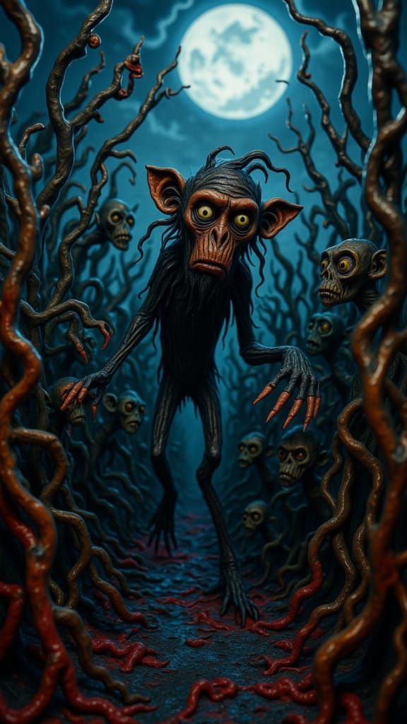 Dark Fantasy Monkey Swarm in Misty Corn Maze