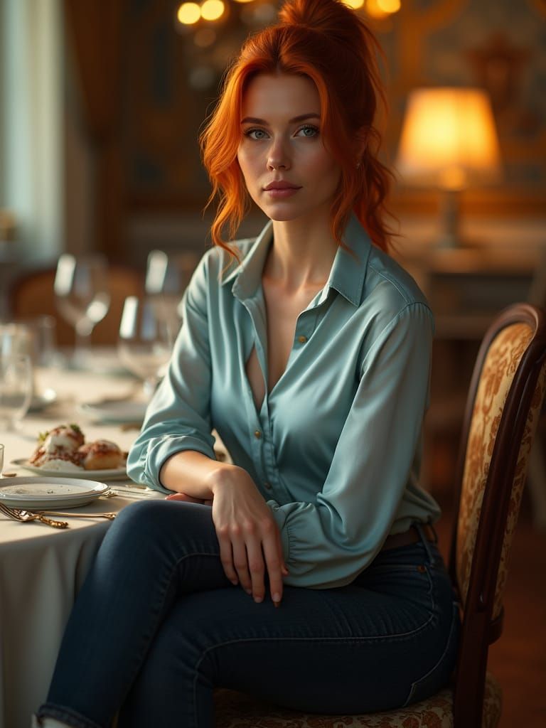 Elegant Woman in Lavish Dining Room, Inspired by Fine Art