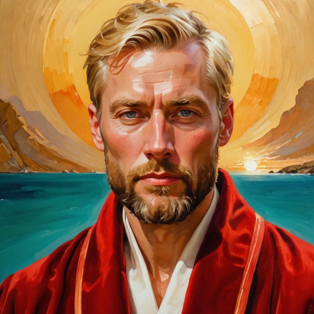 Handsome Nordic Man Basks in Sunrise Majesty