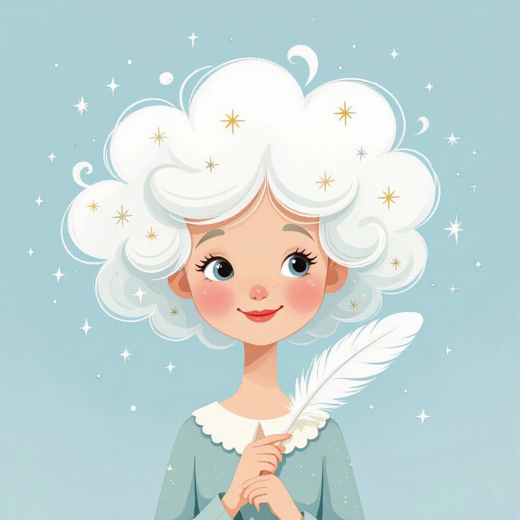 Whimsical Character with Cloud Hair in Storybook Style