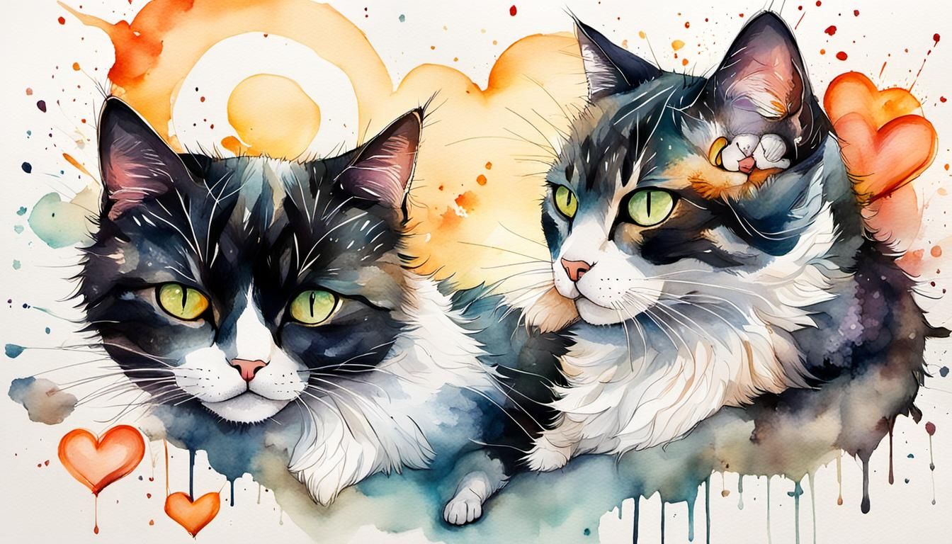 Two Cats Cuddling in Heart Shape, Watercolor Style