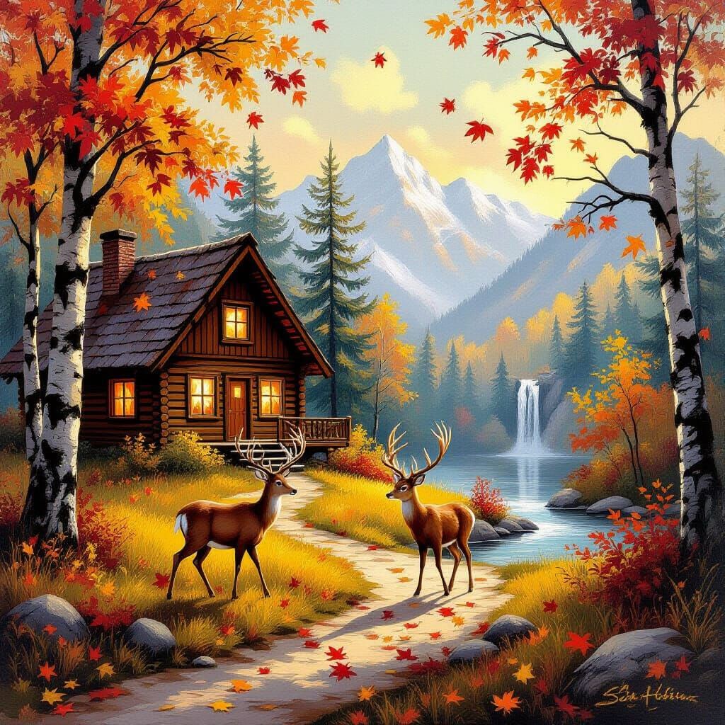 Serene Mountain Cabin with Autumn Foliage and Deer