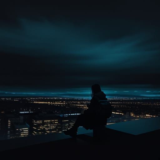 Woman's Silhouette in Moody Blue Urban Night Scene