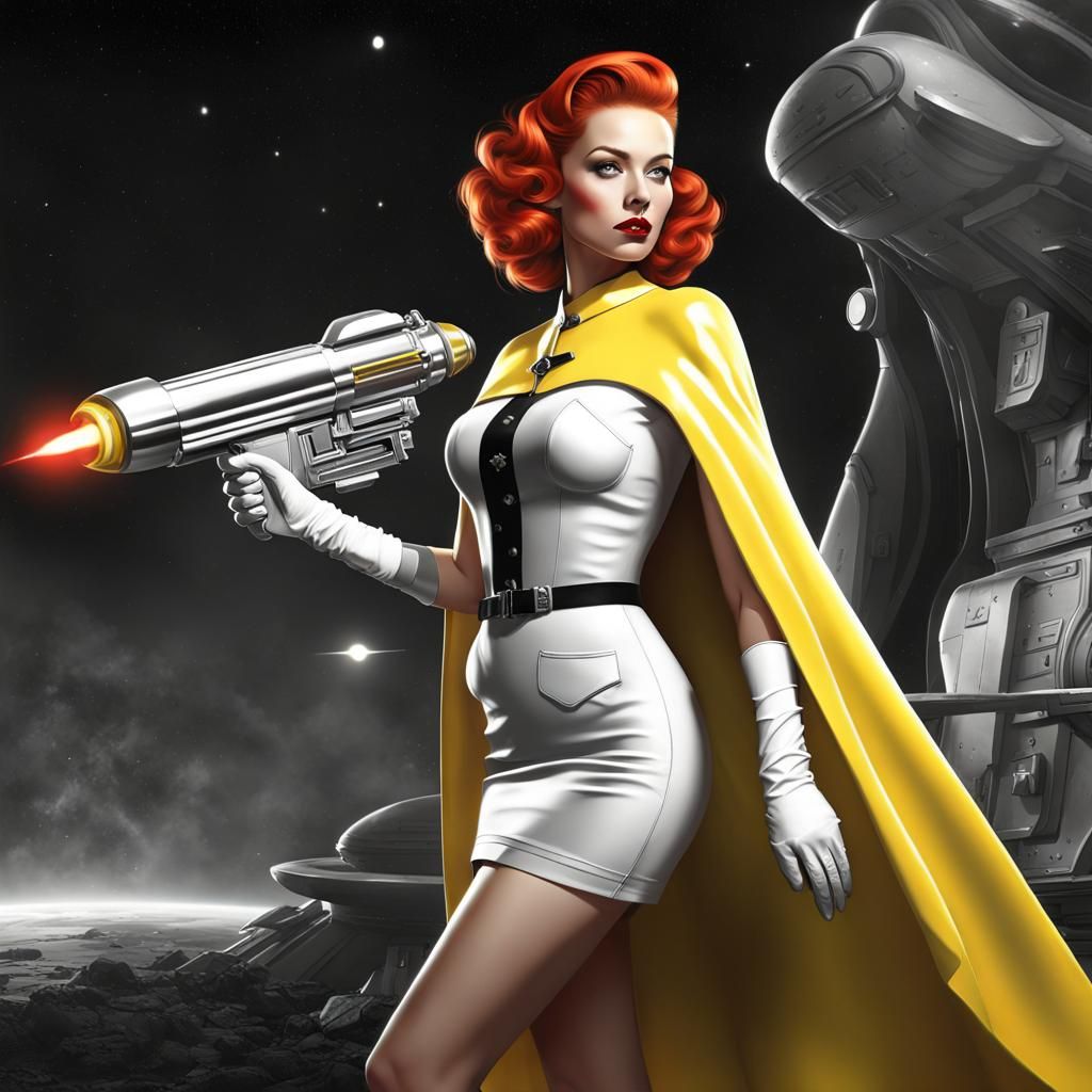 Retro Sci-Fi Redhead with Ray Gun in 1950s Style