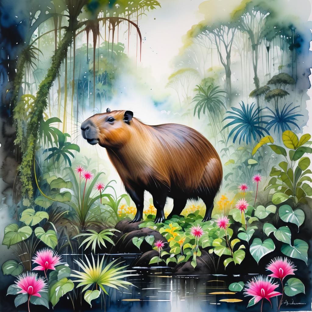 Capybara in Rainforest, Watercolor and Ink Painting