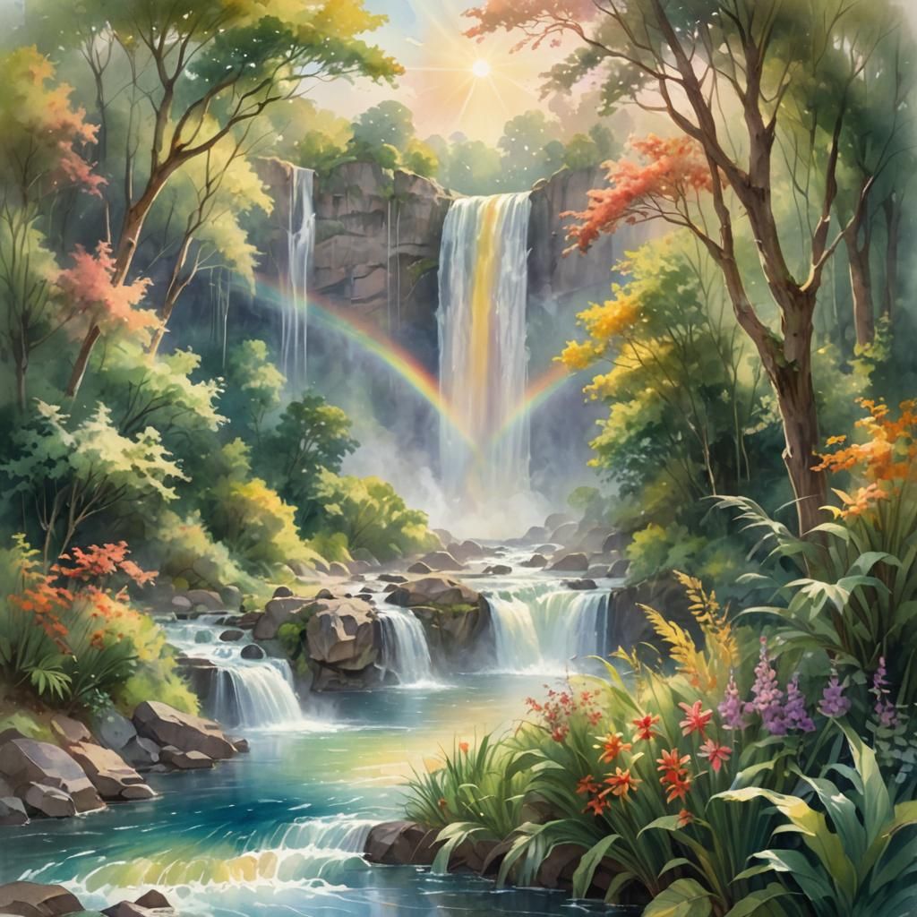 Rainbow Waterfall in Ethereal Watercolor Style