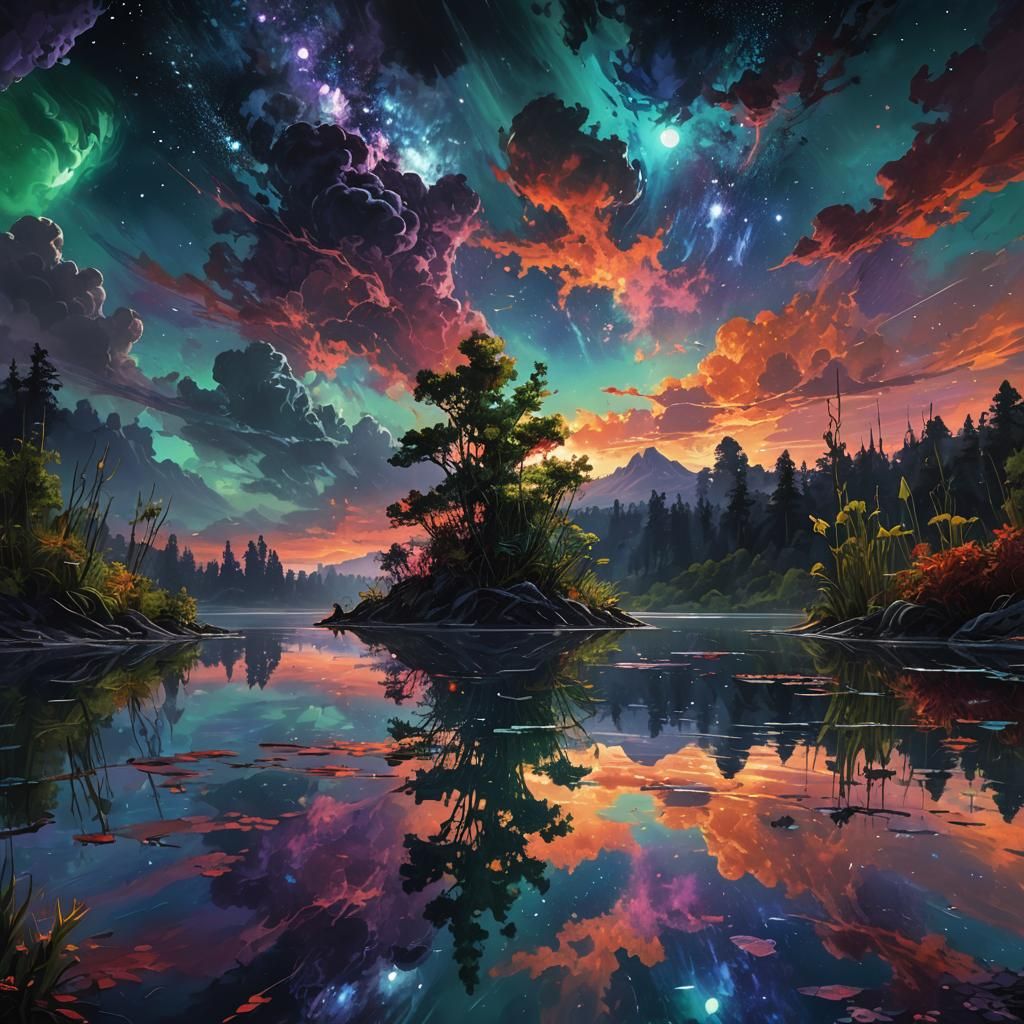 Night Lake Reflections on Distant Planet