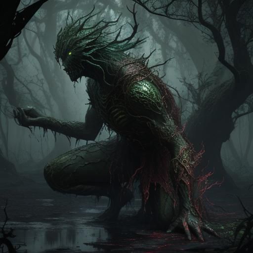 Eerie Horror Landscape with Blood River and Living Trees