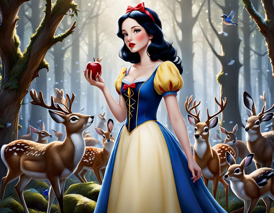 Snow White in Forest, Colourful Comic Illustration