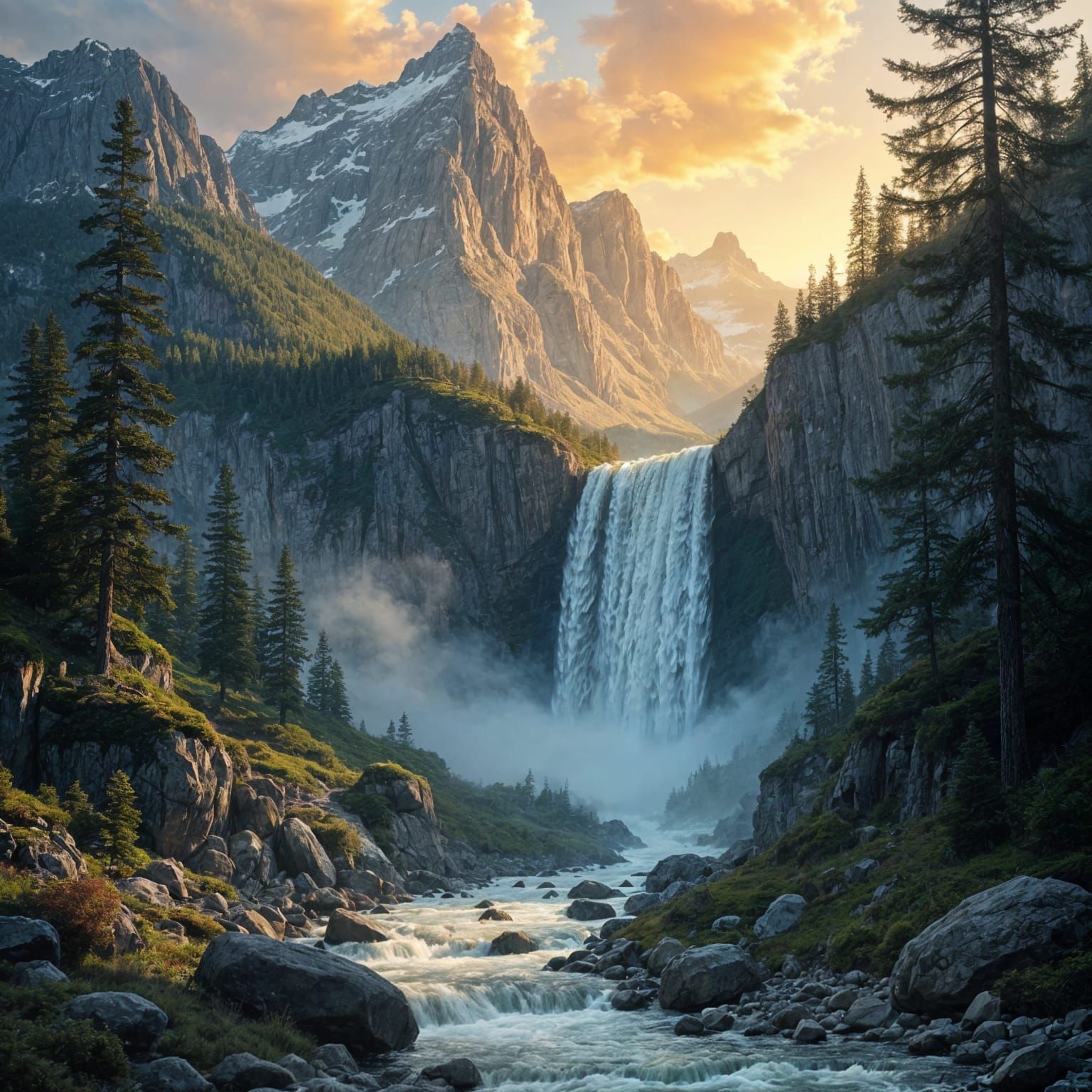 Picturesque Mountain Scene with Waterfall