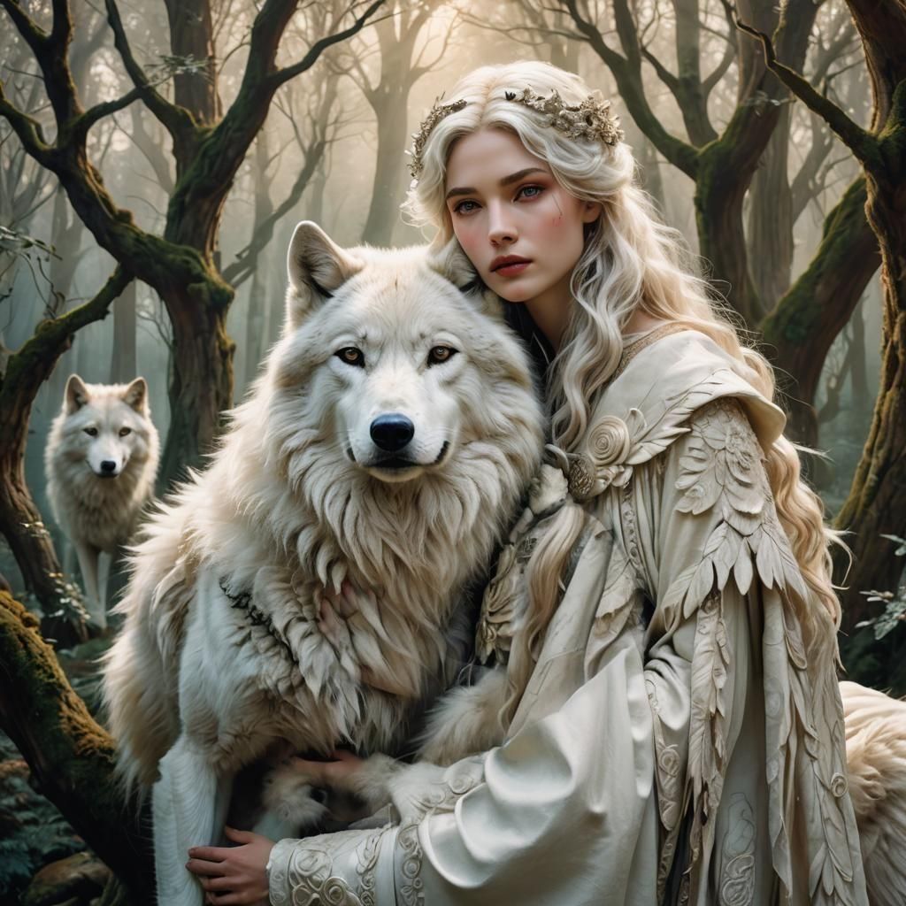 Woman Hugging White Wolf in Art Nouveau Style
