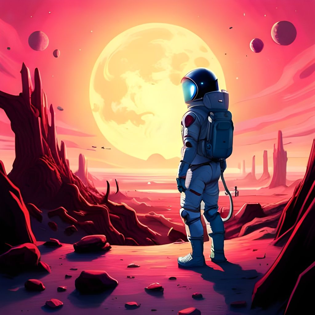 Spacesuit on Alien World with Gas Giant