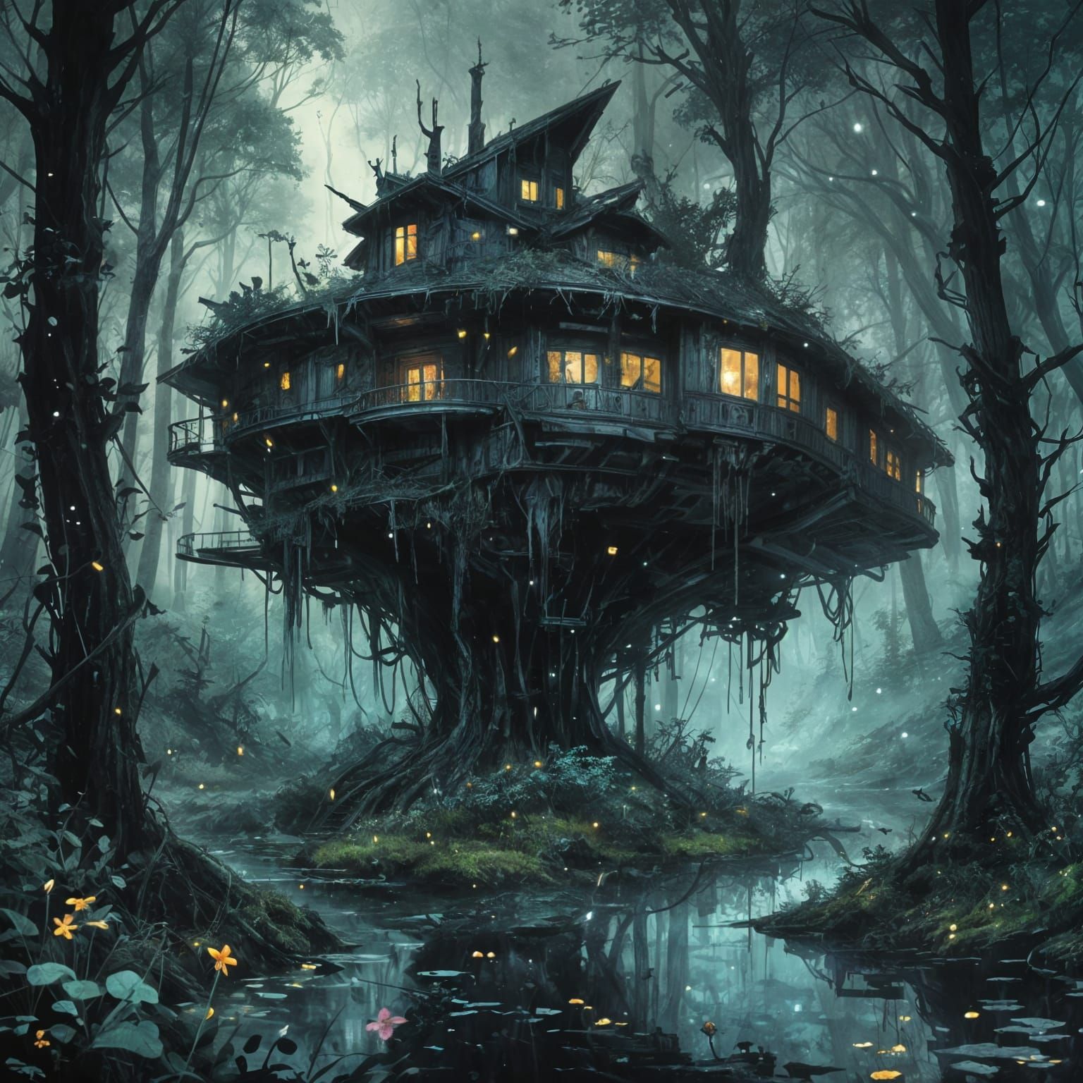 Crashed Spaceship Treehouse in Bioluminescent Forest