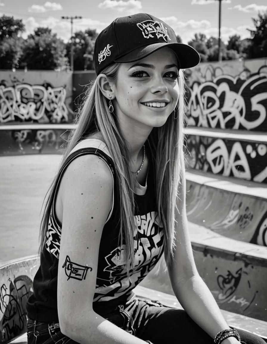 Happy Skater Girl Portrait in Black and White