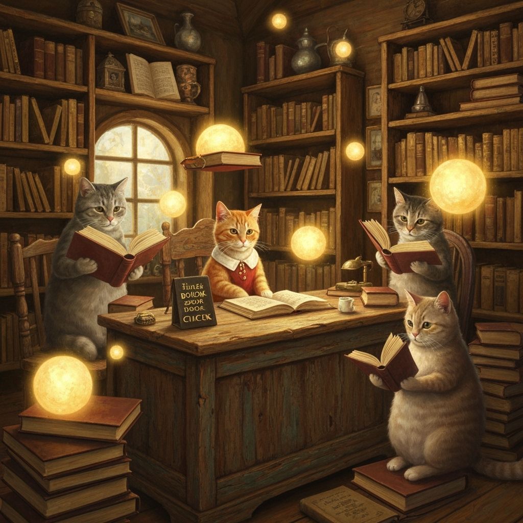 Whimsical Cat Librarians in a Dreamy Library