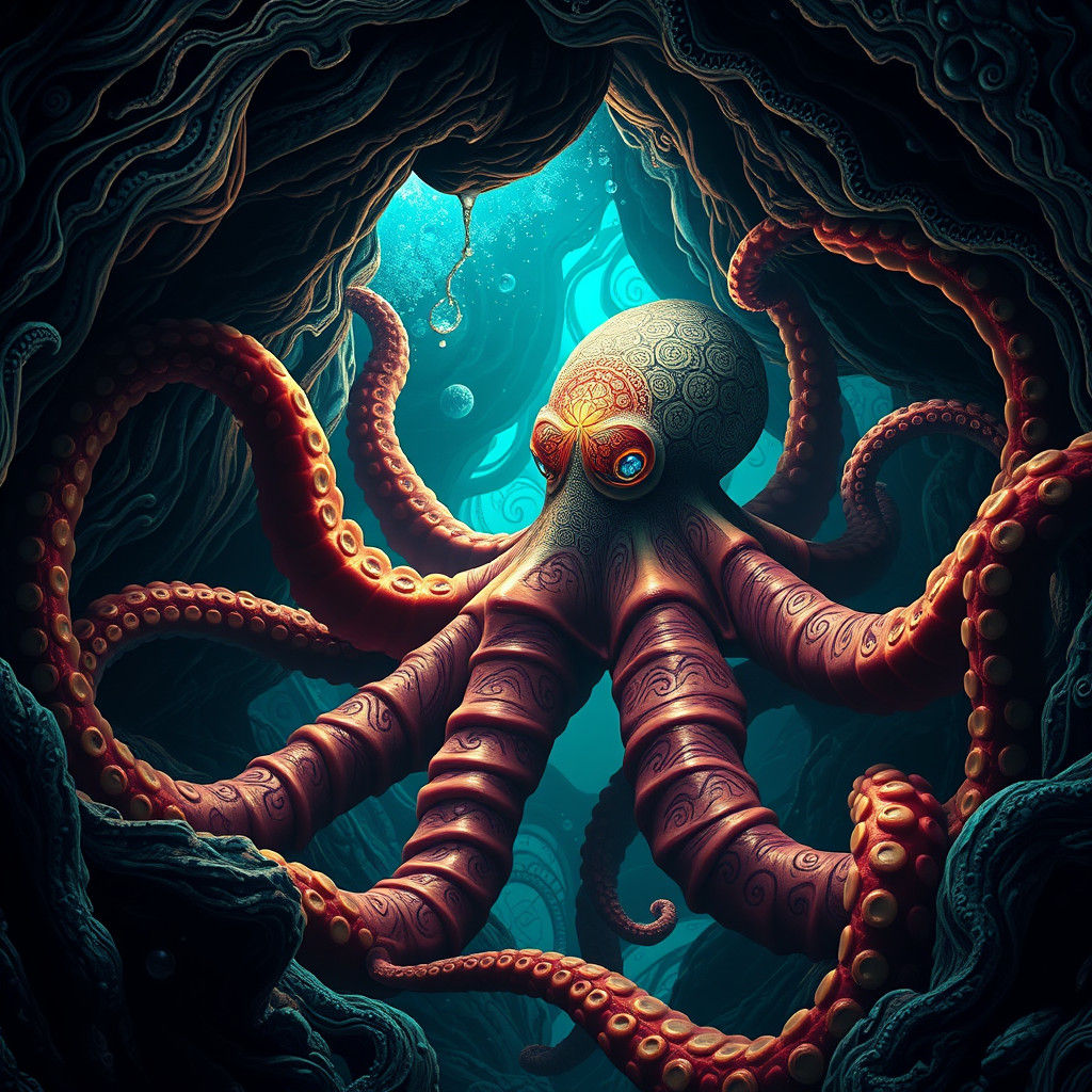 Bioluminescent Cave Exploration by Zentangle Octopus