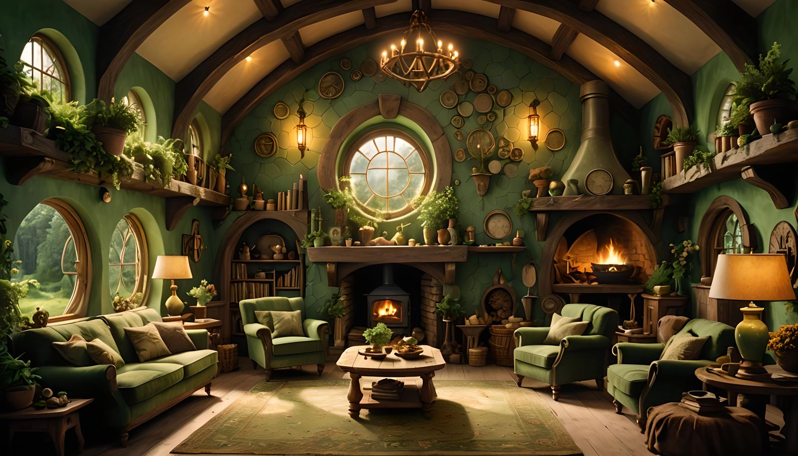 Inviting Hobbit Living Room in Forest Green Shades