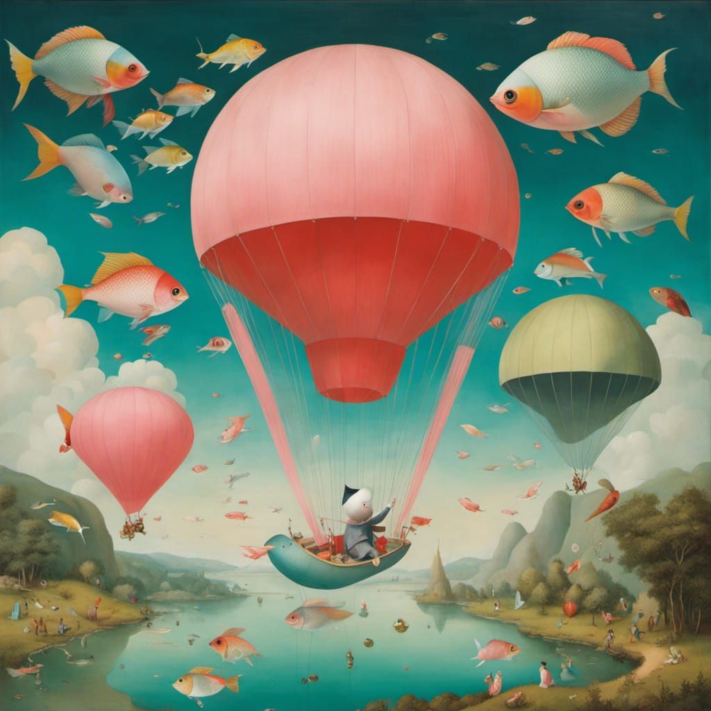 Funny Fish Parachuting: A Surreal Digital Painting