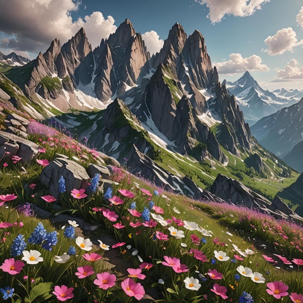Alpine Landscape with Wildflower Meadow, Matte Painting