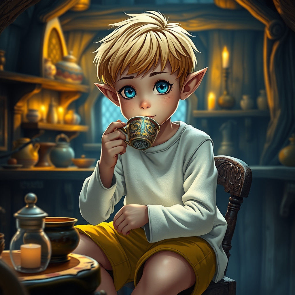 Charming Boy Sipping Tea in Fantasy Castle Kitchen