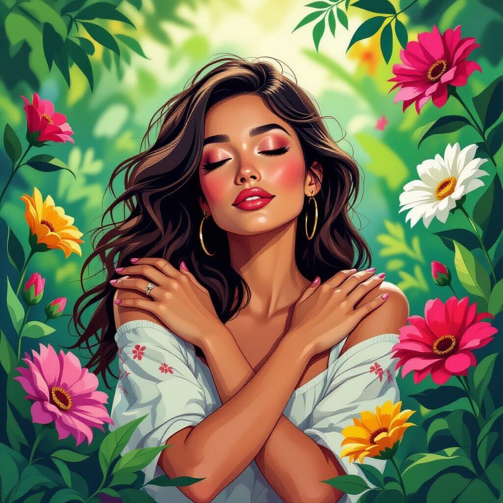 Woman Embracing Life's Force in Psycho-Pop Style