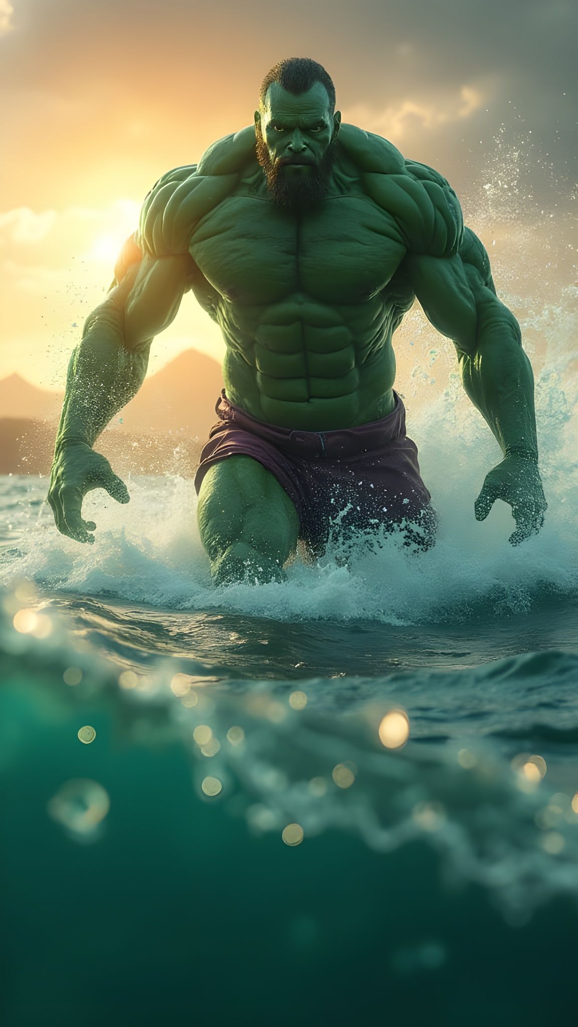 Colossal Green Titan Rises From Ocean Under Golden Sun