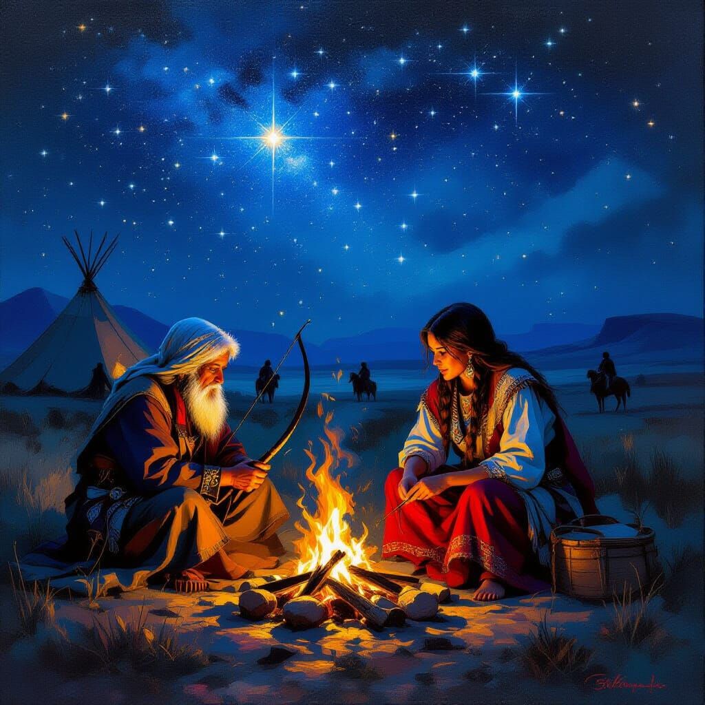 Ancient Nomads Learning Archery Under Starry Skies